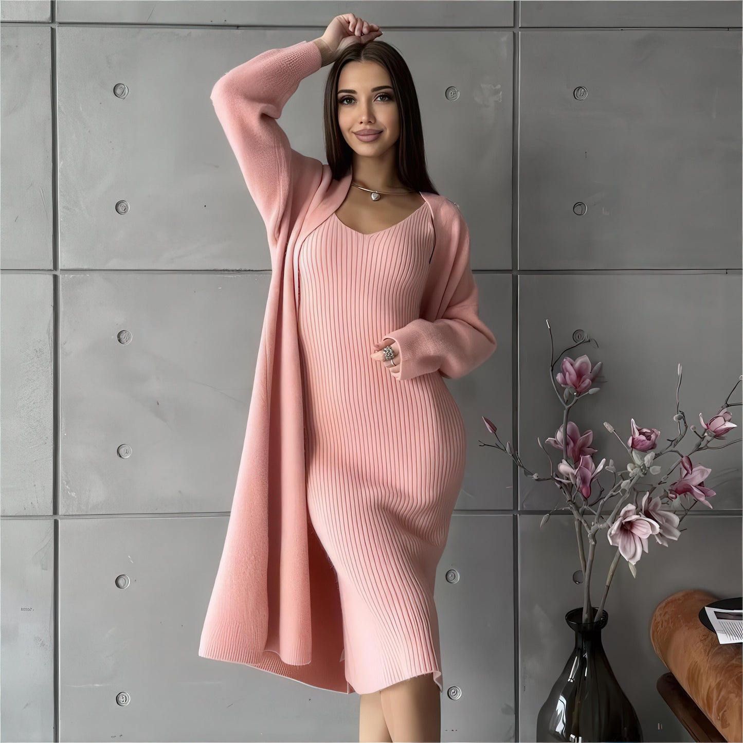 Knit Dress & Cardigan Set – Two Piece Sleeveless Bodycon Outfit, Casual Elegant Women’s Clothing - Sultani Trade Company