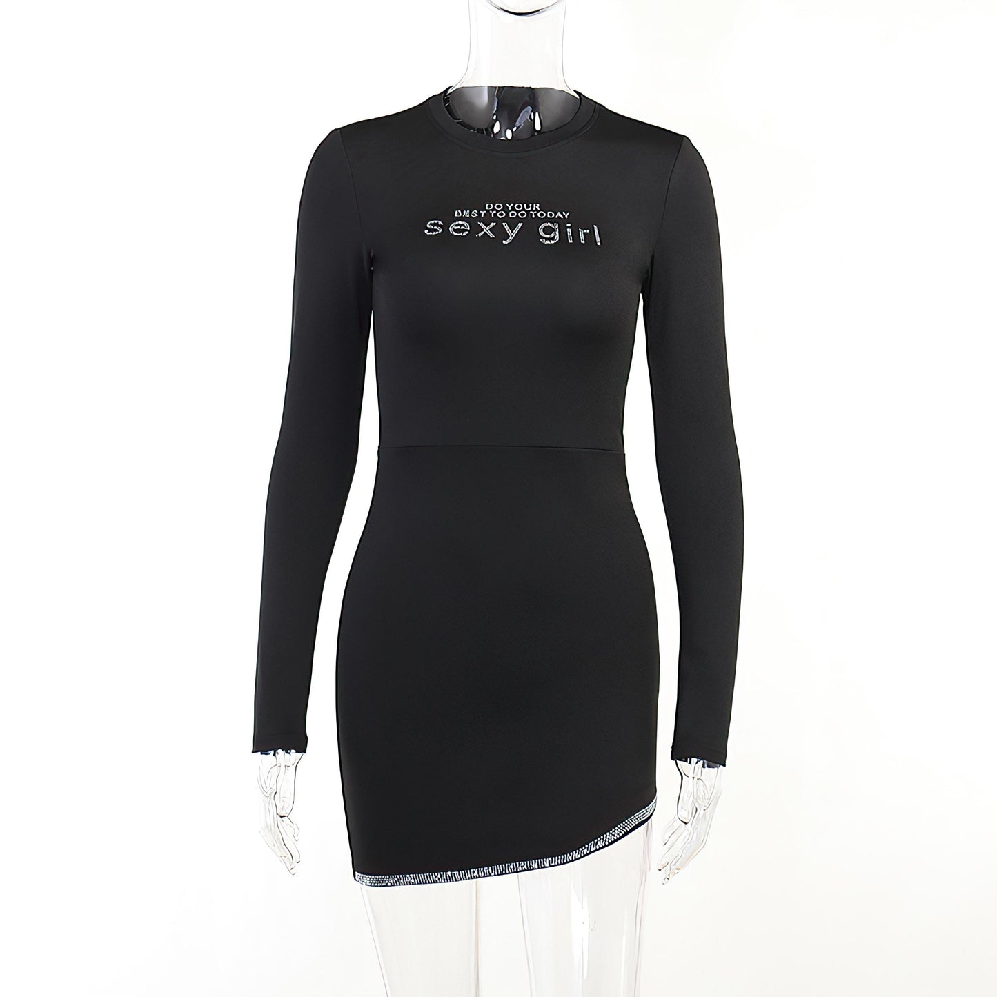 Sexy Knit Mini Dress – High Waist, Long Sleeve, Sparkle Detail, Personalized Rhinestone Slim-fit Sheath Dress - Sultani Trade Company