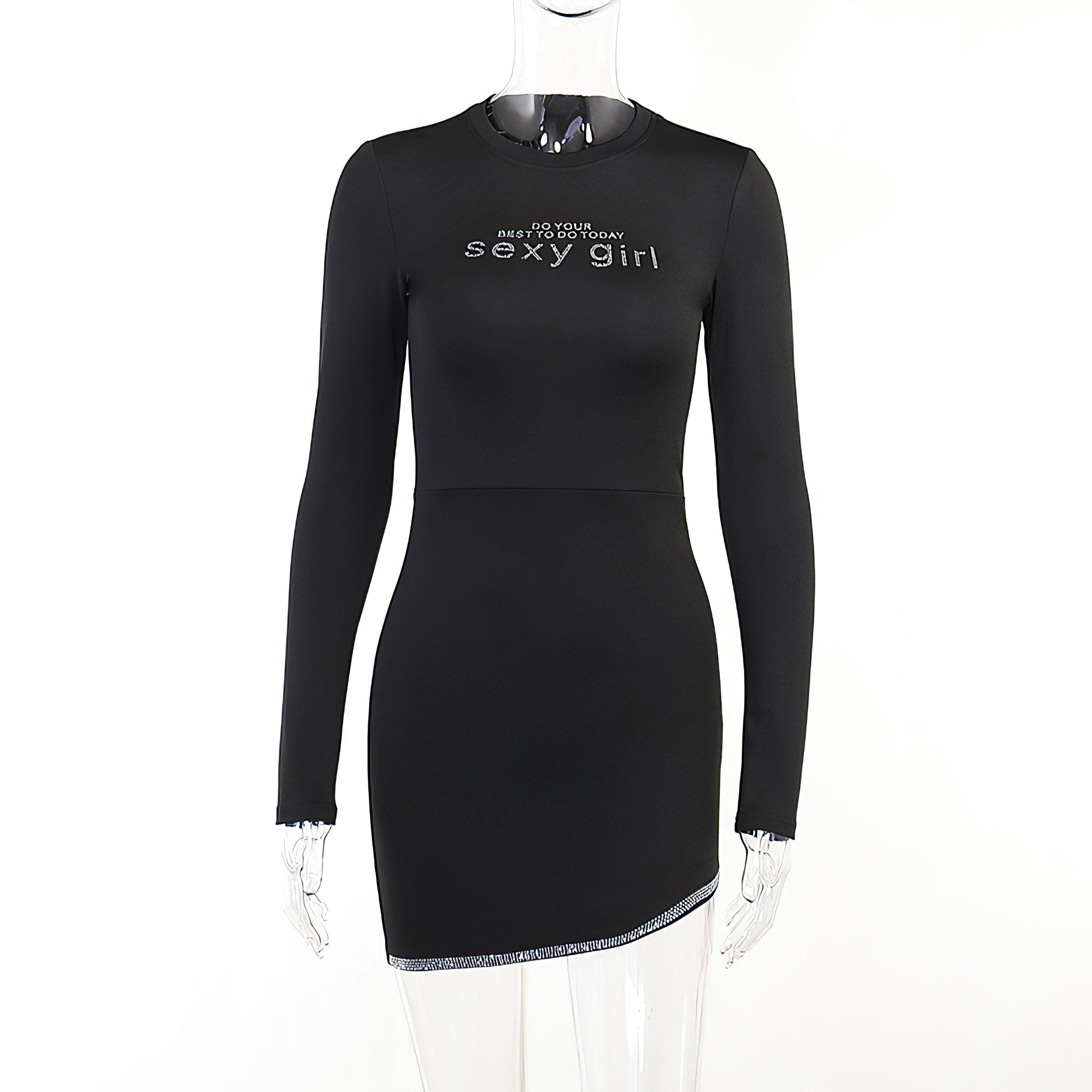Sexy Knit Mini Dress – High Waist, Long Sleeve, Sparkle Detail, Personalized Rhinestone Slim-fit Sheath Dress - Sultani Trade Company