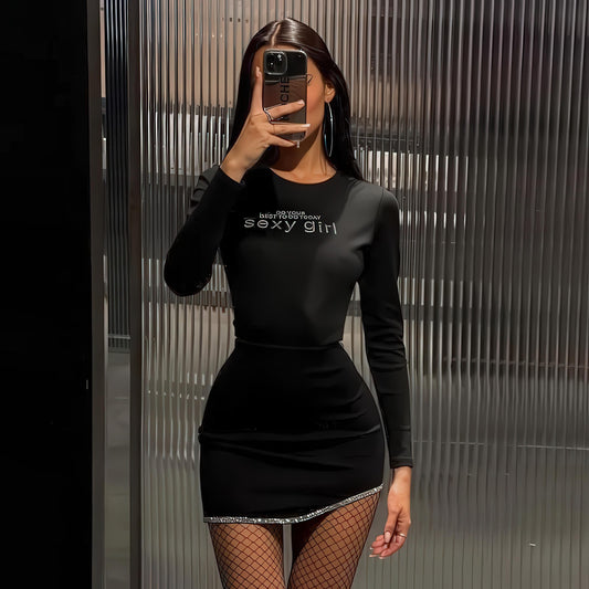 Sexy Knit Mini Dress – High Waist, Long Sleeve, Sparkle Detail, Personalized Rhinestone Slim-fit Sheath Dress - Sultani Trade Company
